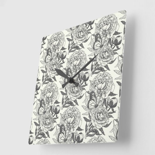 Pioenen en vlinders blokkeren print, zwart en wit vierkante klok (Hoek)