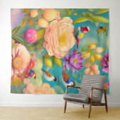 Pioenen en Vogels in pastelkleuren Wandkleed (In Situ (horizontaal))