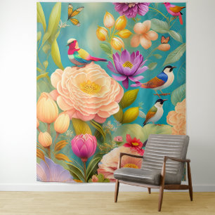 Pioenen en Vogels in pastelkleuren Wandkleed