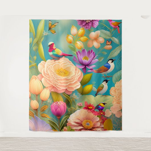 Pioenen en Vogels in pastelkleuren Wandkleed (Voorkant)