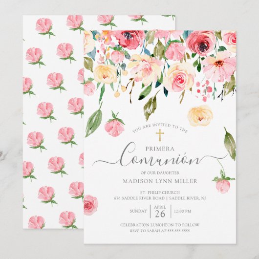 Pioenen Floral Spaanse Eerste Communie Kaart (Voorkant / Achterkant)