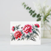 Pioenen in het rood Aziatische inkt schilderij Feestdagenkaart (Staand voorkant)