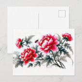 Pioenen in het rood Aziatische inkt schilderij Feestdagenkaart (Voorkant / Achterkant)