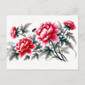 Pioenen in het rood Aziatische inkt schilderij Feestdagenkaart (Voorkant)