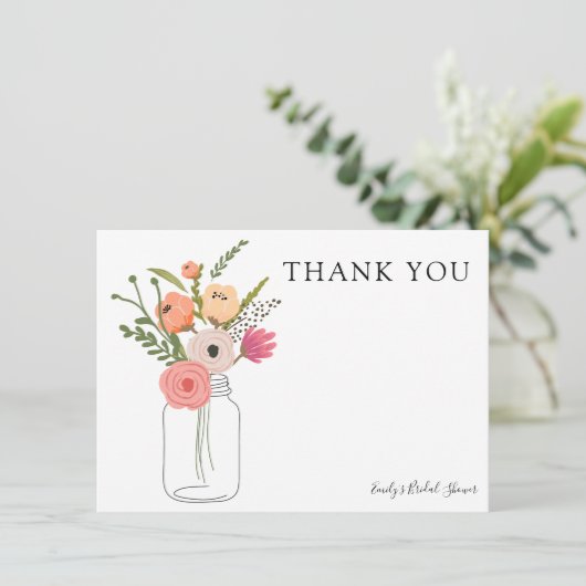 Pioenen in Mason Jar Dank u Kaart (Staand voorkant)