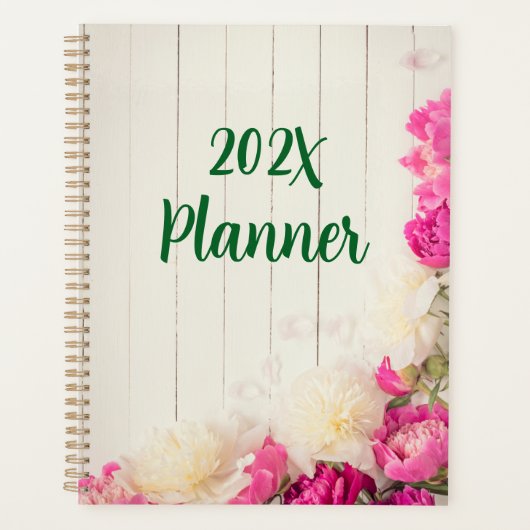 Pioenen in roze en wit op rustiek hout planner (Voorkant)