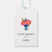 Pioenen in vaas Happy Birthday Cadeau labels Cadeaulabel (Voorkant)