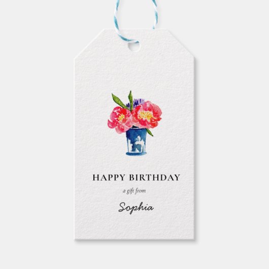 Pioenen in vaas Happy Birthday Cadeau labels Cadeaulabel (Voorkant)