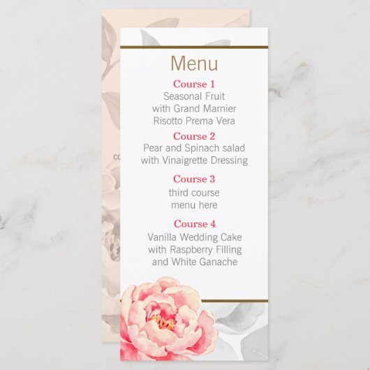 Pioenen Modern Floral huwelijksmenu Menu (Voorkant / Achterkant)