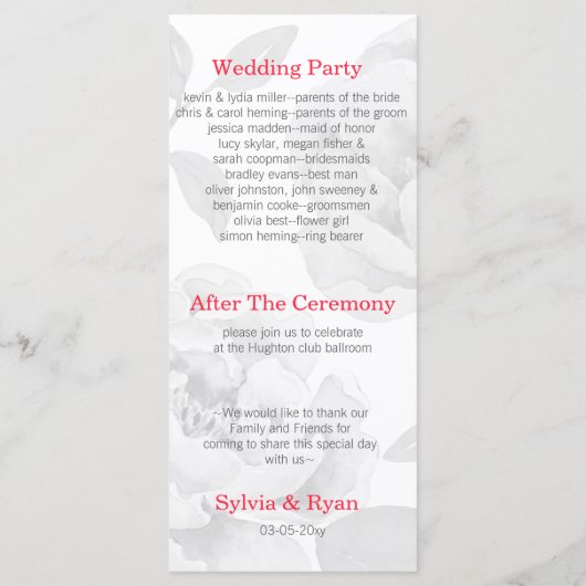 pioenen moderne bloemen huwelijksprogramma's programmakaart (Achterkant)