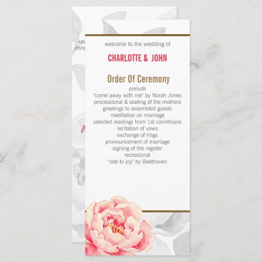 pioenen moderne bloemen huwelijksprogramma's programmakaart (Voorkant / Achterkant)