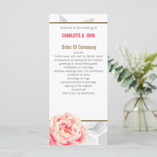 pioenen moderne bloemen huwelijksprogramma's programmakaart (Staand voorkant)