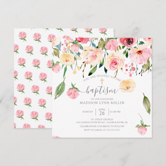 Pioenen Roos Bloemdoop Uitnodiging (Voorkant / Achterkant)