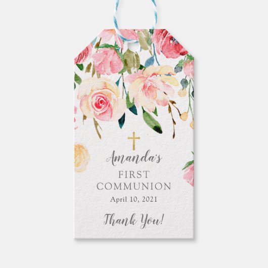 Pioenen Roos Bloemen Eerste Communie Favor Cadeau  Cadeaulabel (Voorkant)