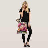 pioenen roze bloem grote Canvas tas (Op model)
