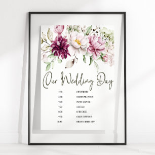 Pioenen Roze Bourgondië Floral bruiloft schema tek Poster