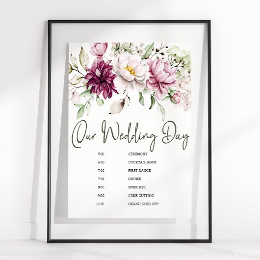 Pioenen Roze Bourgondië Floral bruiloft schema tek Poster