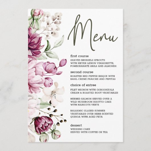 Pioenen Roze Bourgondië Floral Romantisch Bruiloft Menu (Voorkant)