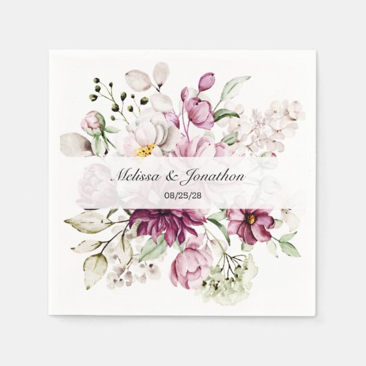 Pioenen Roze Bourgondië Floral Romantisch Bruiloft Servet (Voorkant)