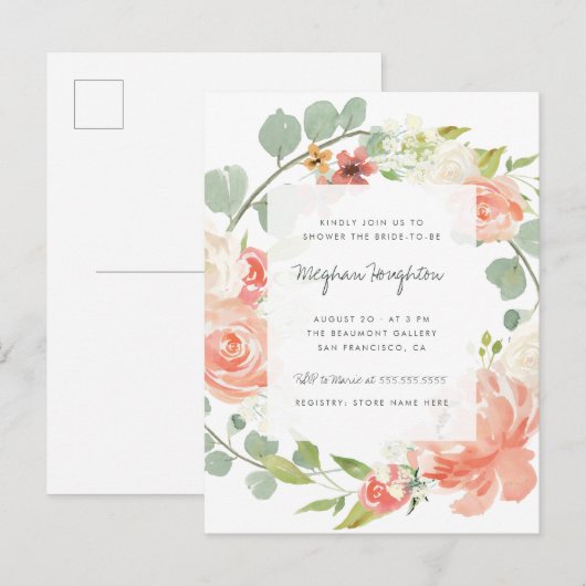 Pioenen, Rozen & Eucalyptus Krans Vrijgezellenfees Uitnodiging Briefkaart (Voorkant / Achterkant)