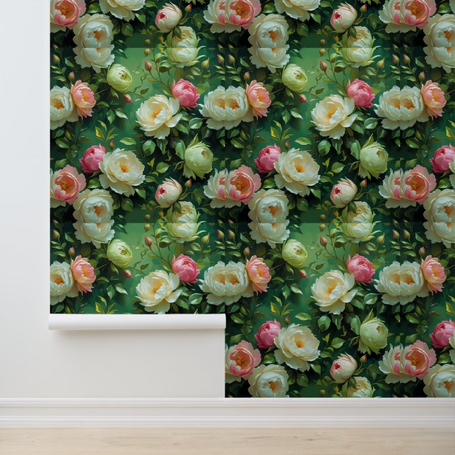 Pioenen & Rozen Green Floral Peel and Stick Behang (Applicatie)
