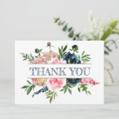 Pioenen Rozen Roze & Navy Waterverf Bruiloft Bedankkaart (Staand voorkant)