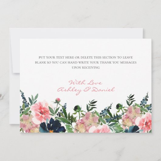 Pioenen Rozen Roze & Navy Waterverf Bruiloft Bedankkaart (Achterkant)