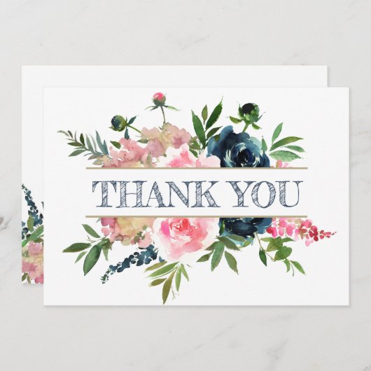 Pioenen Rozen Roze & Navy Waterverf Bruiloft Bedankkaart (Voorkant / Achterkant)