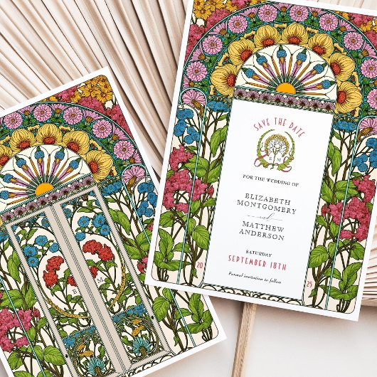 Pioenen, Rozen & Sun Art Nouveau Bewaar de datum Kaart