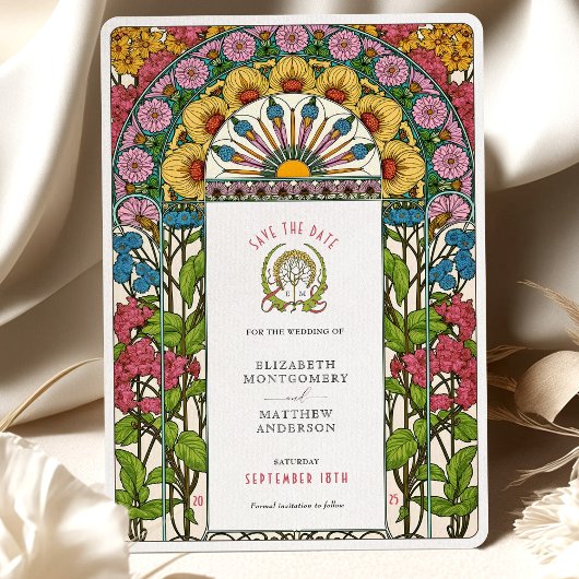 Pioenen, Rozen & Sun Art Nouveau Bewaar de datum Kaart