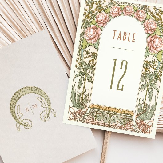 Pioenen Tafelnummers Art Nouveau bruiloft