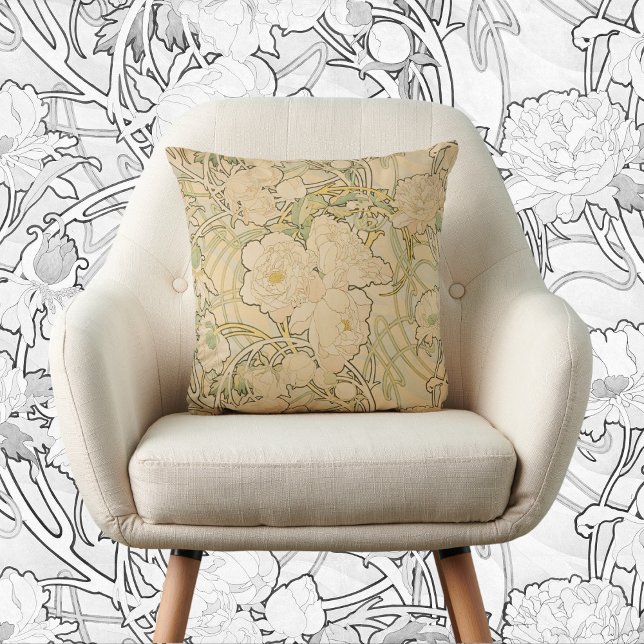 Pioenen van Alphonse Mucha,  Art Nouveau Kussen (Vintage Art Nouveau, Peonies by Alphonse Mucha Throw Pillow)