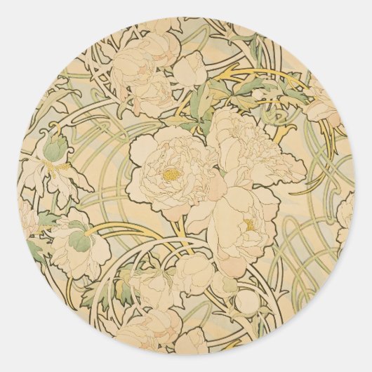 Pioenen van Alphonse Mucha,  Art Nouveau Ronde Sticker (Voorkant)