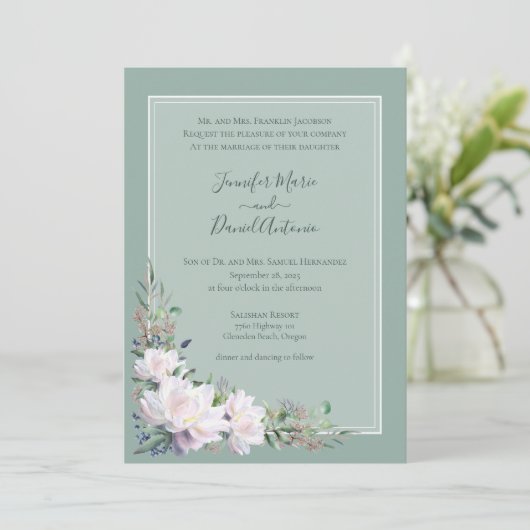 Pioenentuin Sage Groene Bruiloft Uitnodiging (Staand voorkant)