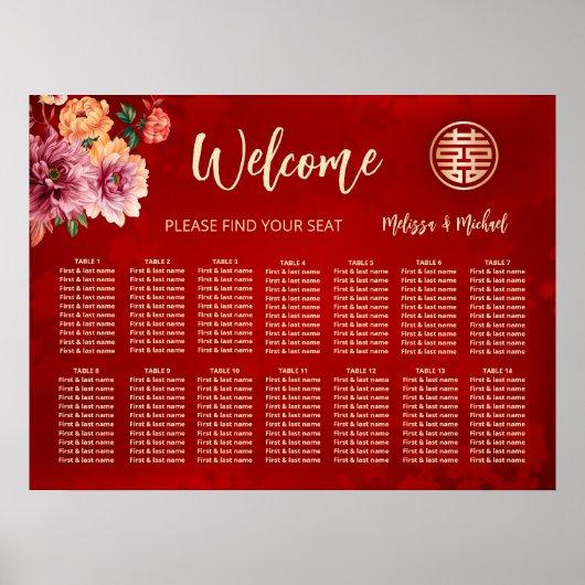 Pioenrood Chinees Trouwstoelenschema Poster (Voorkant)