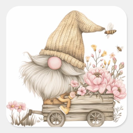 Pioenroos Bloem Gnoom Vierkante Sticker (Voorkant)
