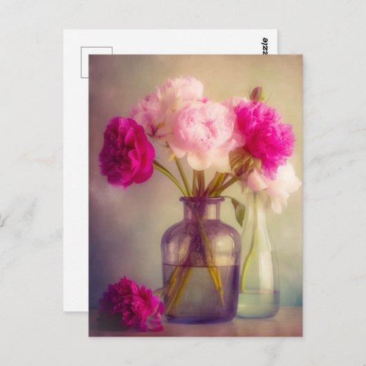  pioenroos boeket in glazen vazen briefkaart (Voorkant / Achterkant)