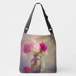  pioenroos boeket in glazen vazen crossbody tas