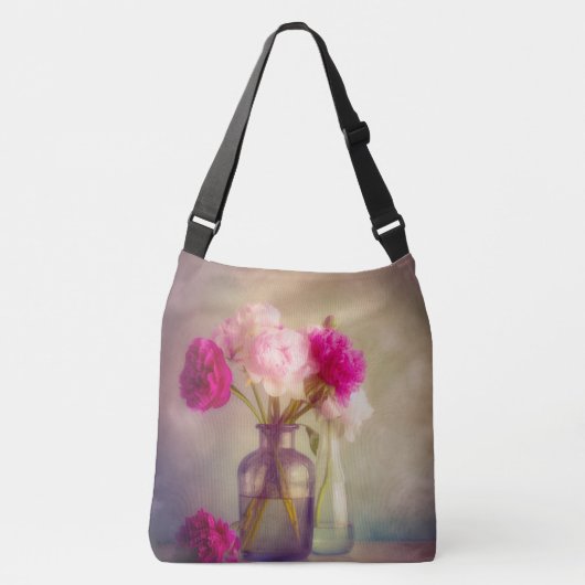  pioenroos boeket in glazen vazen crossbody tas (Voorkant)