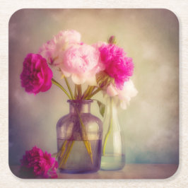  pioenroos boeket in glazen vazen kartonnen onderzetters