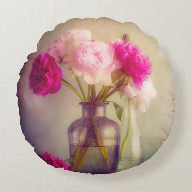  pioenroos boeket in glazen vazen rond kussen (Voorkant)