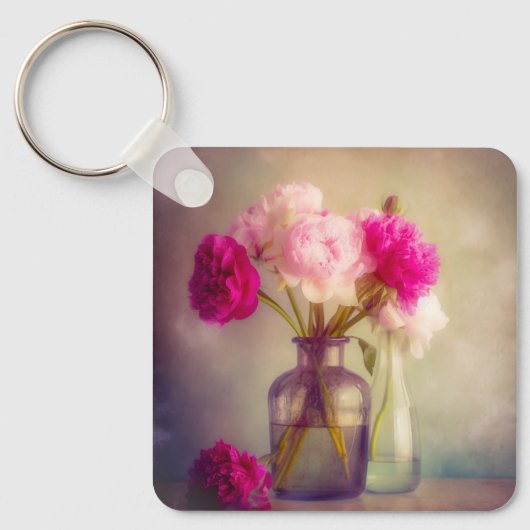 pioenroos boeket in glazen vazen sleutelhanger (Voorkant)