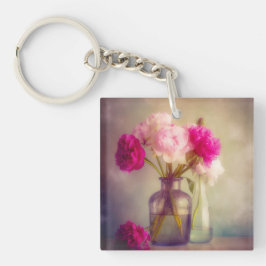 pioenroos boeket in glazen vazen sleutelhanger