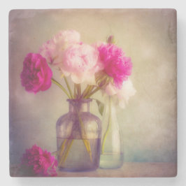  pioenroos boeket in glazen vazen stenen onderzetter