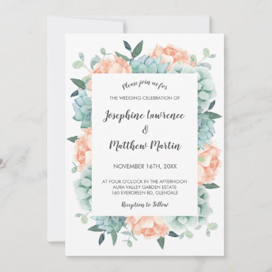 Pioenroos en vetplanten Waterverf Bloemenbruiloft Kaart (Voorkant)