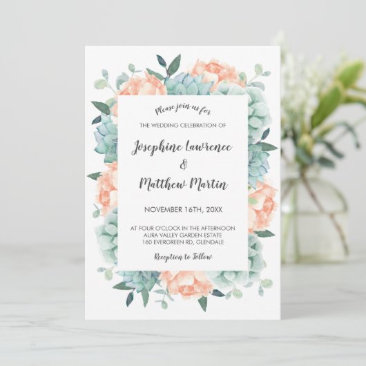 Pioenroos en vetplanten Waterverf Bloemenbruiloft Kaart (Staand voorkant)