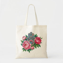 Pioenroos Hamsa Hand Evil Eye Bloemboeket Tote Bag