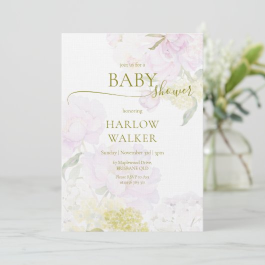 Pioenroos Hydrangea Pastel Waterverf Baby Shower Kaart (Staand voorkant)