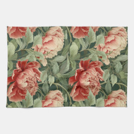 pioenroos theedoek in koraal, blush & salie