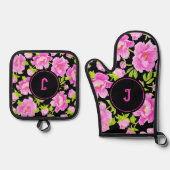 Pioenroze Bloemige Monogram Ovenwant & Pannenlap Set (Voorkant)